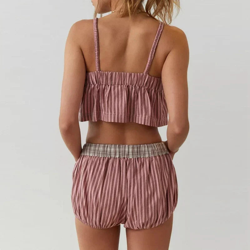 Retro Kawaii Plaid Patchwork Camis Crop Top Shorts Two Pieces Set