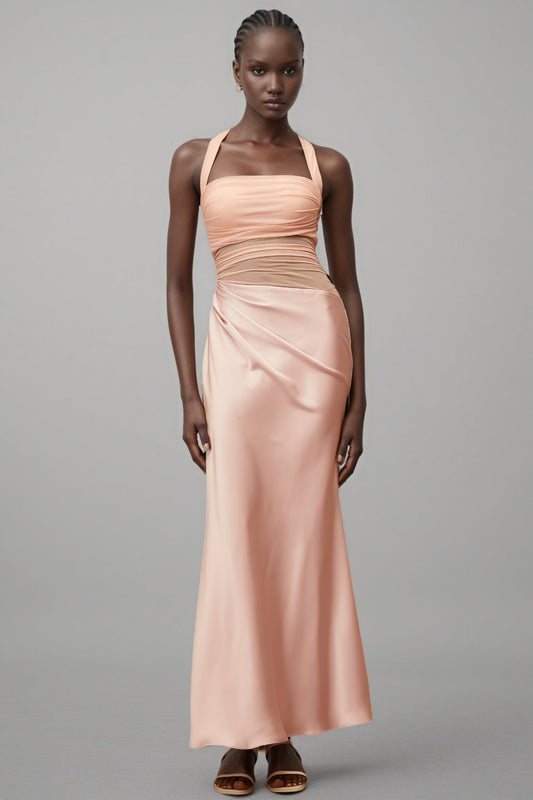 Devin Pink Mesh Panel Ruched Maxi Dress