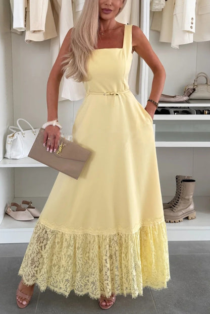 Solid Color Square Neck Sleeveless Fitted Waist Elegant Lace Hem Maxi Dress