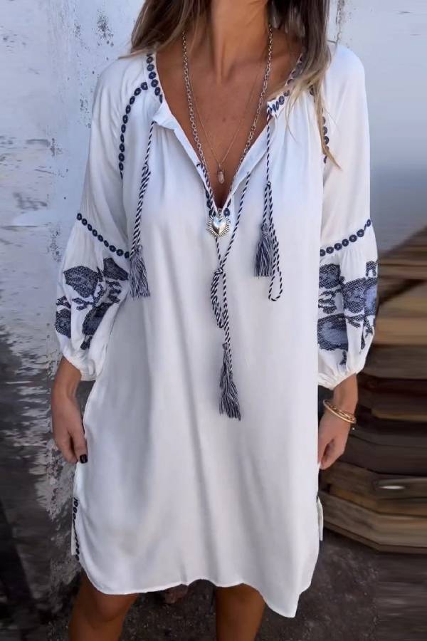 V-neck Bell Sleeve Embroidered Dress