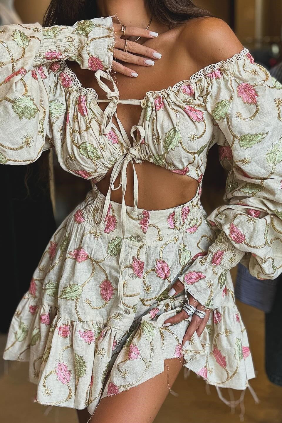 Plaid Lace Trim Off Shoulder Tie Front Puff Sleeve Smocked Mini Skirt Set