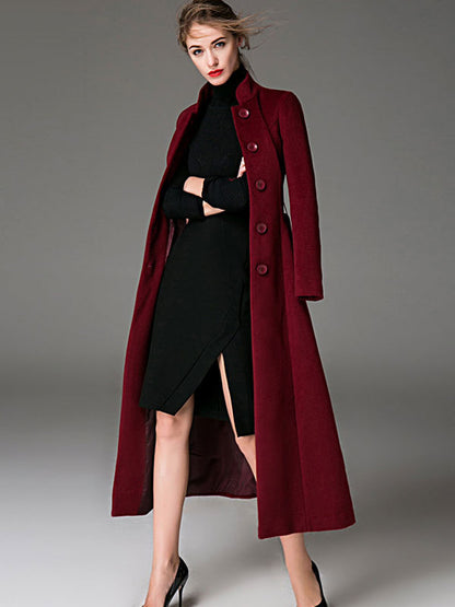 Wool Blend Coat Burgundy Belted Stand Collar Slim Fit Winter Outerwear For Women In Solid Color 2026