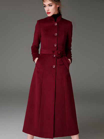 Wool Blend Coat Burgundy Belted Stand Collar Slim Fit Winter Outerwear For Women In Solid Color 2026