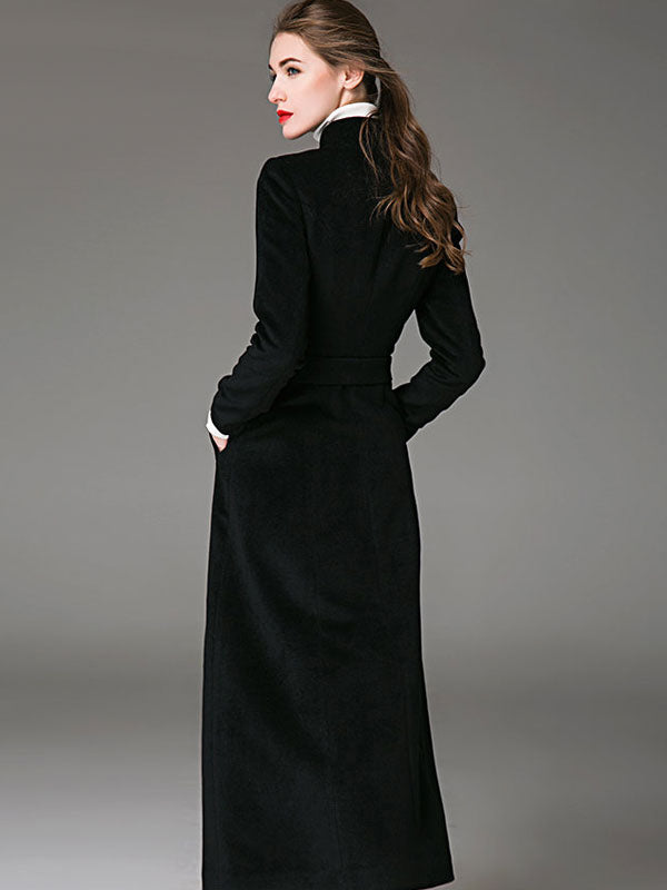 Wool Blend Coat Burgundy Belted Stand Collar Slim Fit Winter Outerwear For Women In Solid Color 2026