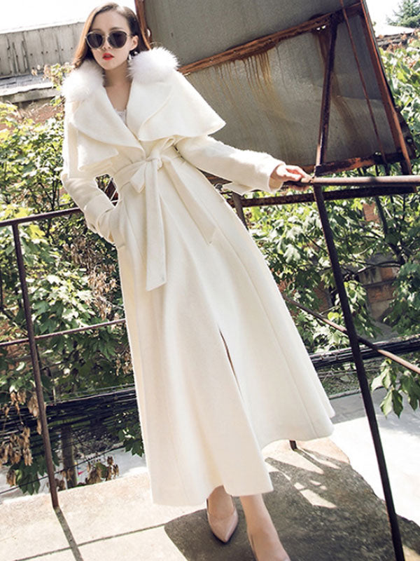 Full Length Flared Woolen Coat White Faux Fur Collar Classic Lapel Belted Slim A-line Winter Maxi Coat 2026