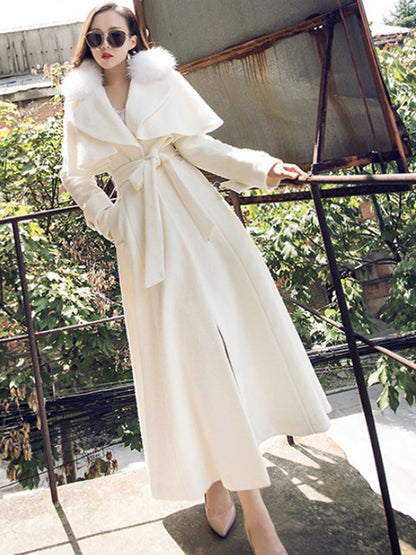 Full Length Flared Woolen Coat White Faux Fur Collar Classic Lapel Belted Slim A-line Winter Maxi Coat 2026