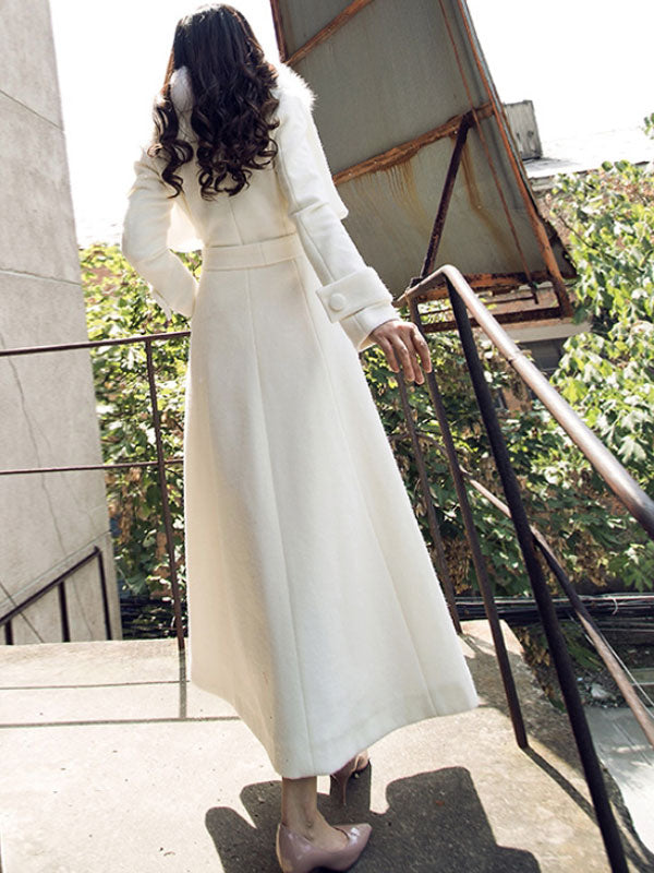 Full Length Flared Woolen Coat White Faux Fur Collar Classic Lapel Belted Slim A-line Winter Maxi Coat 2026