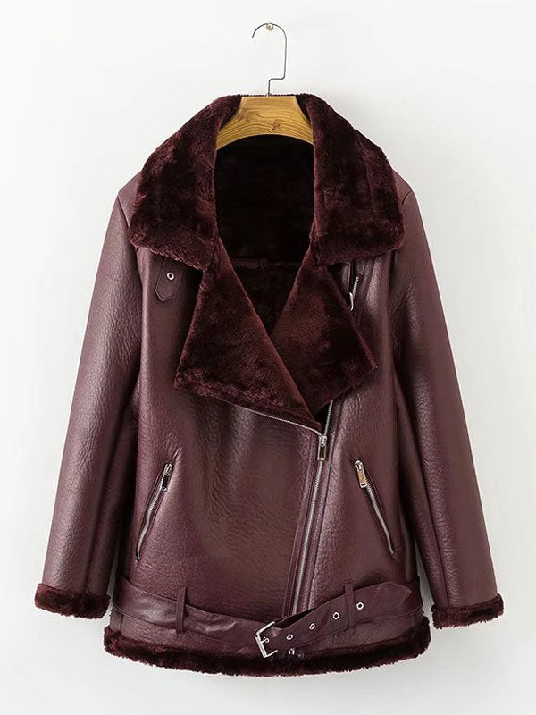 Women's Leather Jacket Faux Shearling PU Moto Jacket Winter Outerwear
