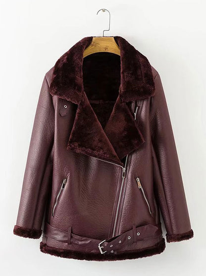 Women's Leather Jacket Faux Shearling PU Moto Jacket Winter Outerwear