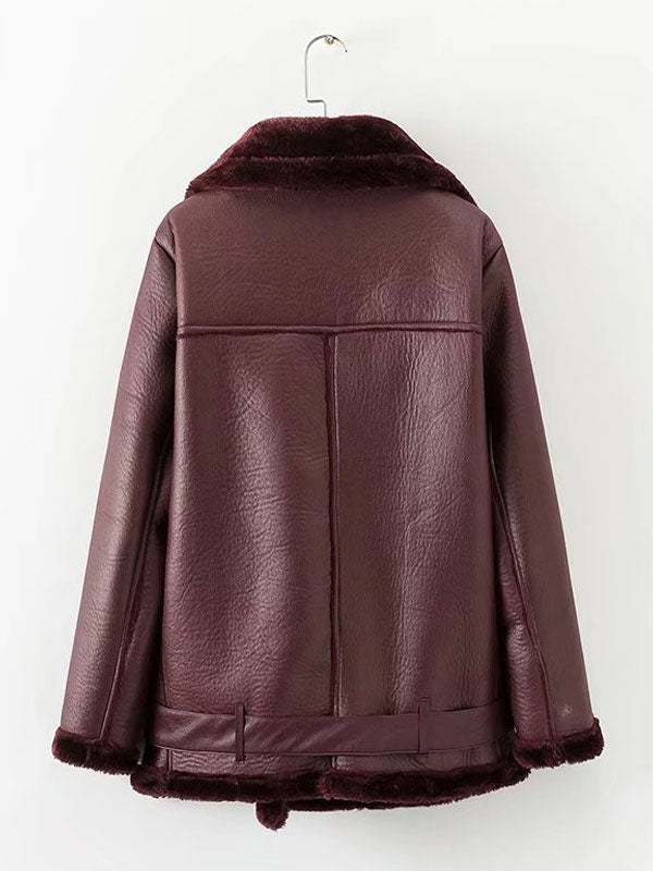 Women's Leather Jacket Faux Shearling PU Moto Jacket Winter Outerwear