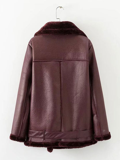 Women's Leather Jacket Faux Shearling PU Moto Jacket Winter Outerwear