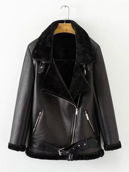 Women's Leather Jacket Faux Shearling PU Moto Jacket Winter Outerwear