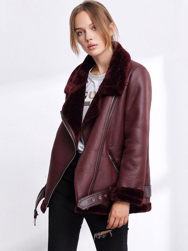 Women's Leather Jacket Faux Shearling PU Moto Jacket Winter Outerwear