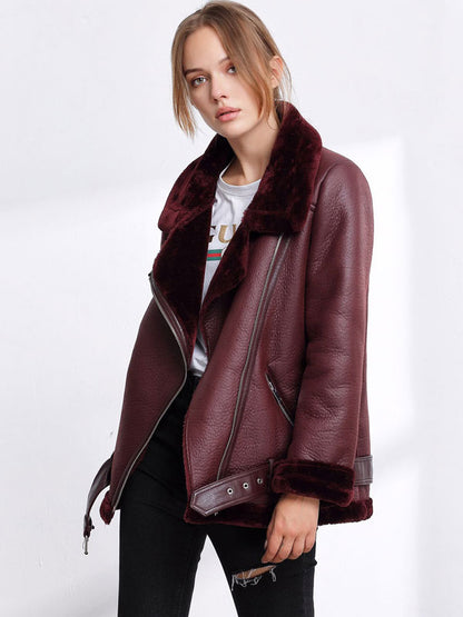 Women's Leather Jacket Faux Shearling PU Moto Jacket Winter Outerwear