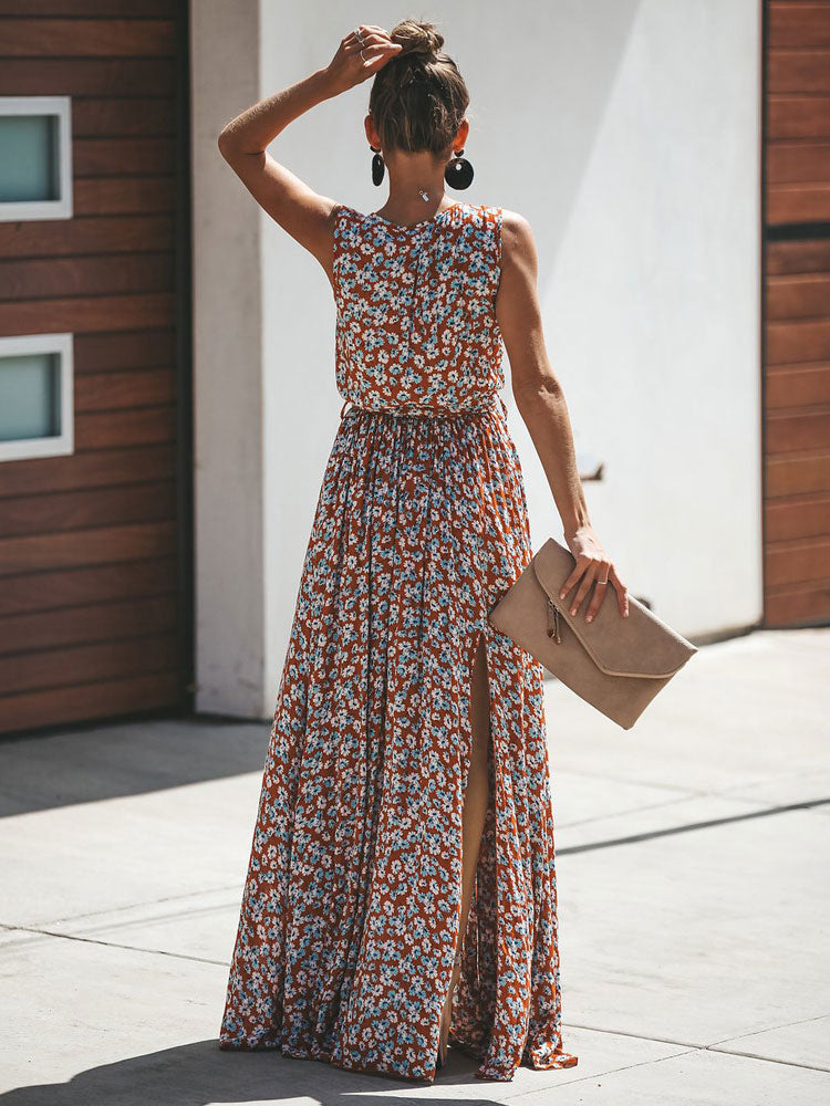 Ditsy Floral Maxi Dress for Women - Brick Red Sleeveless Side Slit V Neck Sundress - Summer Beach Resort Wear 2026
