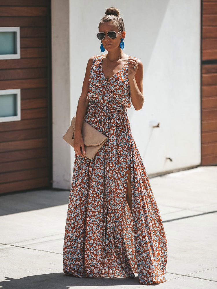Ditsy Floral Maxi Dress for Women - Brick Red Sleeveless Side Slit V Neck Sundress - Summer Beach Resort Wear 2026