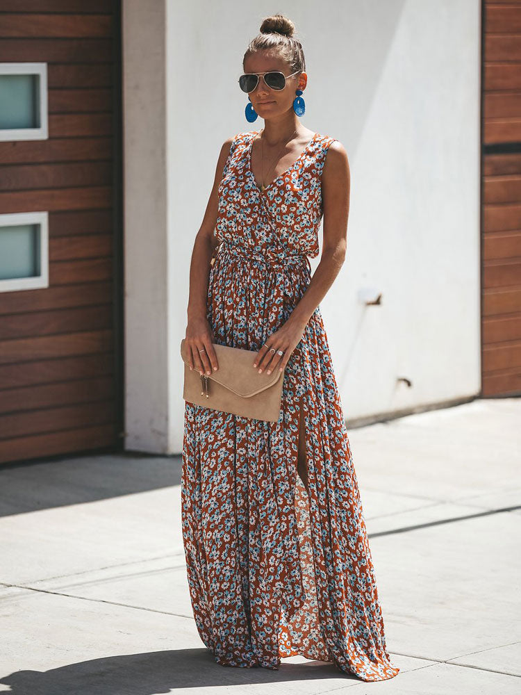 Ditsy Floral Maxi Dress for Women - Brick Red Sleeveless Side Slit V Neck Sundress - Summer Beach Resort Wear 2026