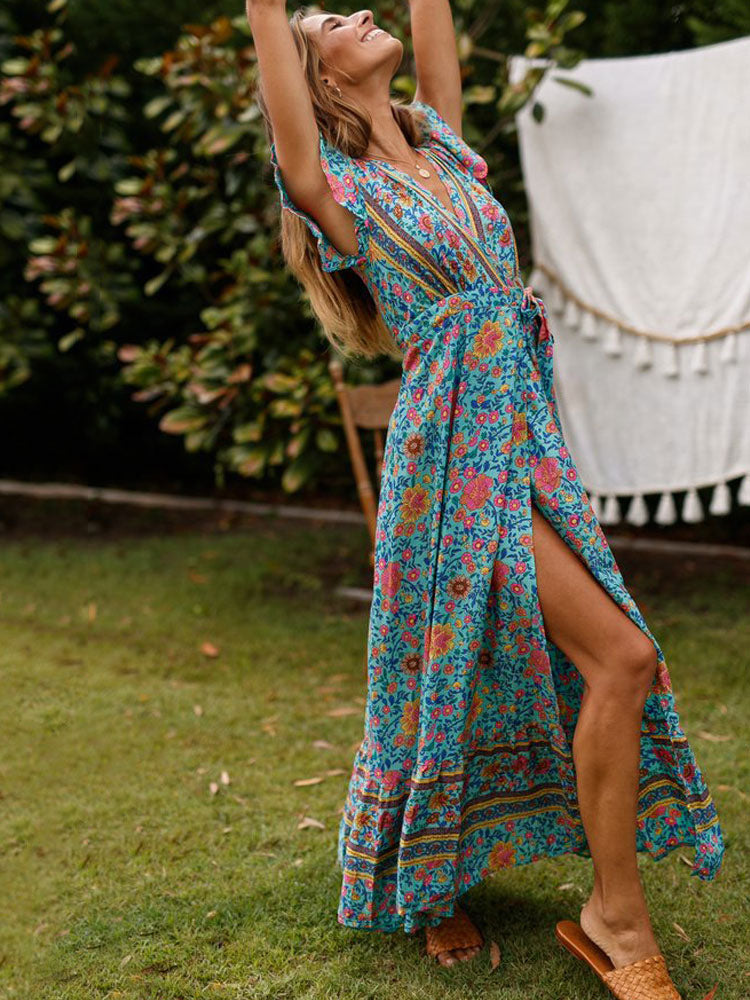 Boho Floral Wrap Maxi Dress - Blue V Neck High Split Long Dress - Summer Beach Vacation 2026