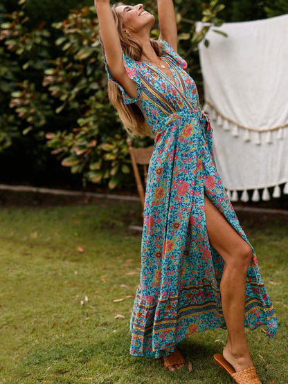 Boho Floral Wrap Maxi Dress - Blue V Neck High Split Long Dress - Summer Beach Vacation 2026