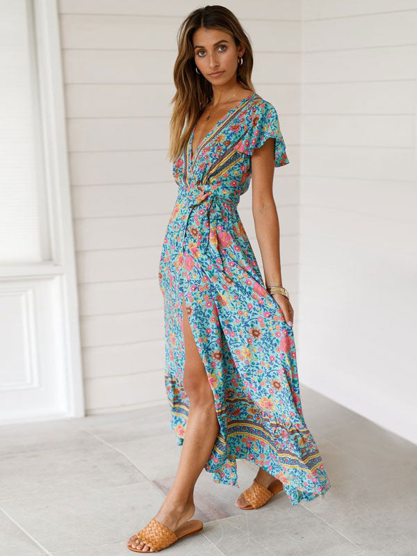 Boho Floral Wrap Maxi Dress - Blue V Neck High Split Long Dress - Summer Beach Vacation 2026