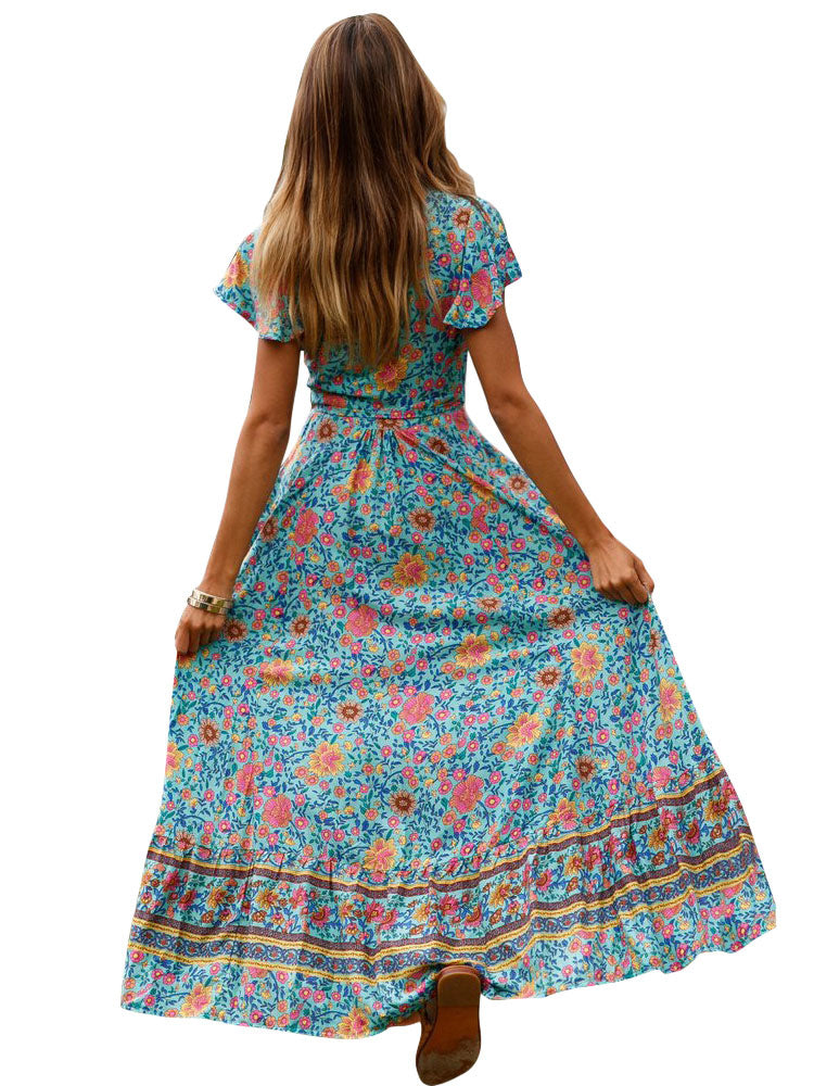 Boho Floral Wrap Maxi Dress - Blue V Neck High Split Long Dress - Summer Beach Vacation 2026
