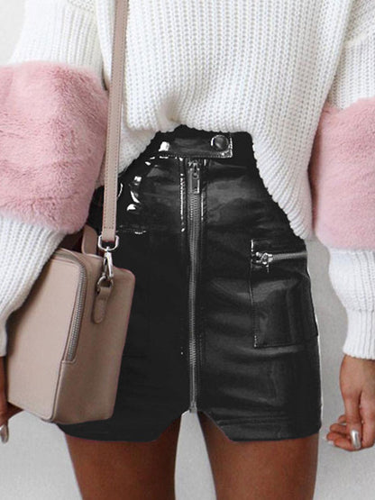 Sexy Mini Skirt PU Leather Like Zipper Short Bodycon Skirt With Pockets