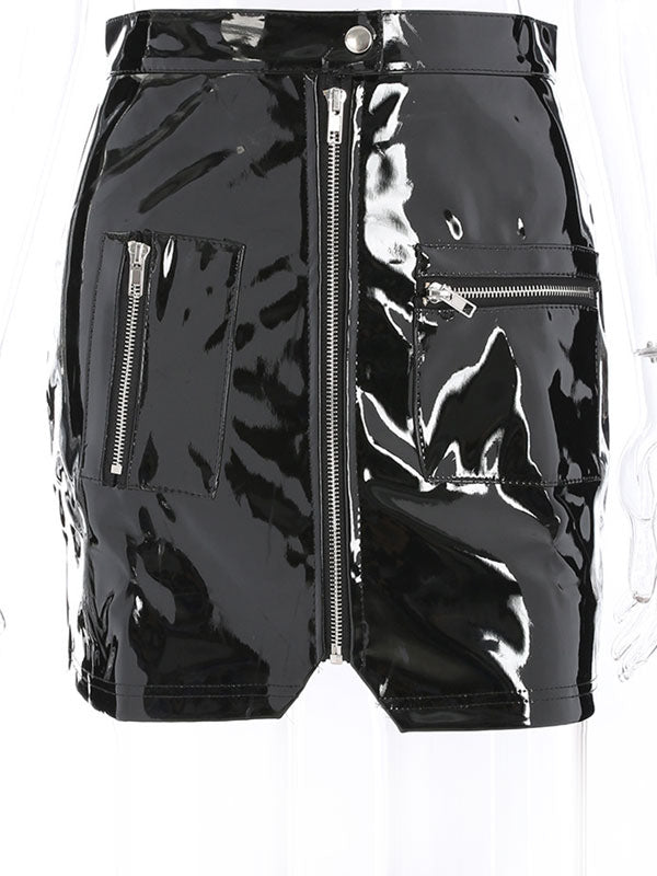 Sexy Mini Skirt PU Leather Like Zipper Short Bodycon Skirt With Pockets