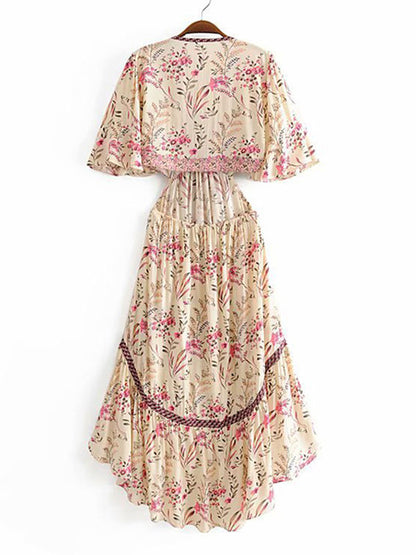 Floral High Low Boho Dress for Women - Cream Pink Cut Out Tie Front Flutter Sleeve Long Dress - Summer Beach Holiday 2026