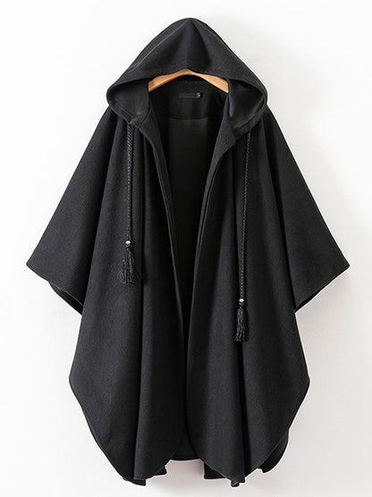 Women Poncho Hooded Black Poncho Oversized Tassels Cape
