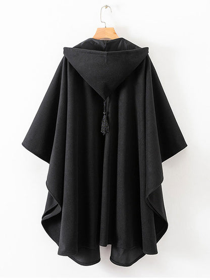 Women Poncho Hooded Black Poncho Oversized Tassels Cape