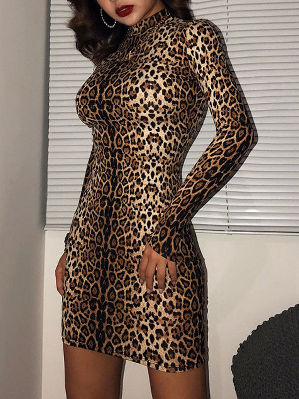Sexy Bodycon Dresses Leopard Print High Collar Long Sleeves Mini Dress
