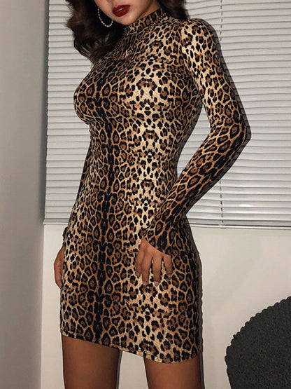 Sexy Bodycon Dresses Leopard Print High Collar Long Sleeves Mini Dress