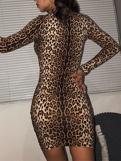 Sexy Bodycon Dresses Leopard Print High Collar Long Sleeves Mini Dress