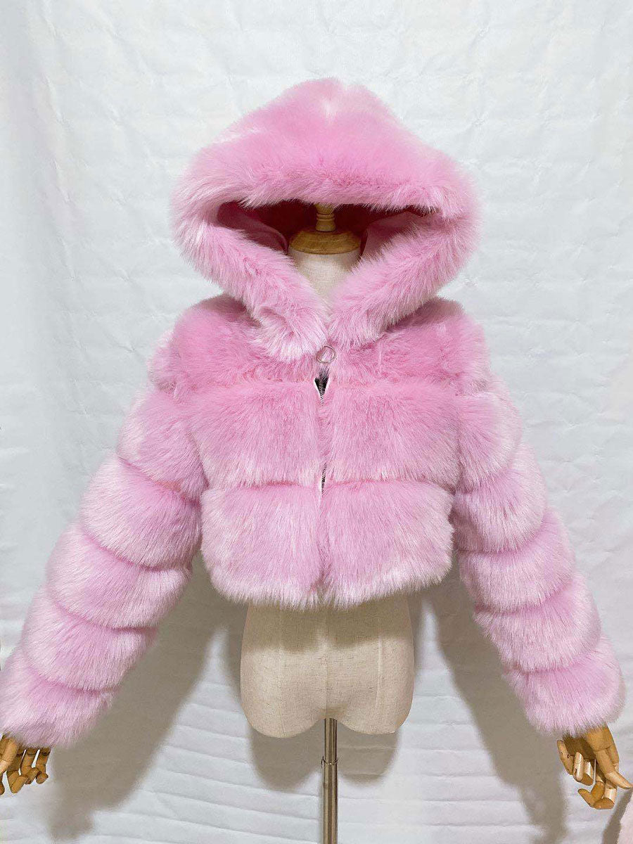 White Faux Fur Jacket With Hood Hot Girls Short Coats Winter Outerwear For Women 2026