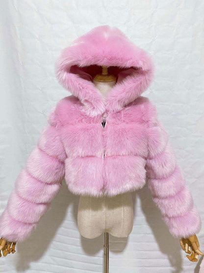 White Faux Fur Jacket With Hood Hot Girls Short Coats Winter Outerwear For Women 2026