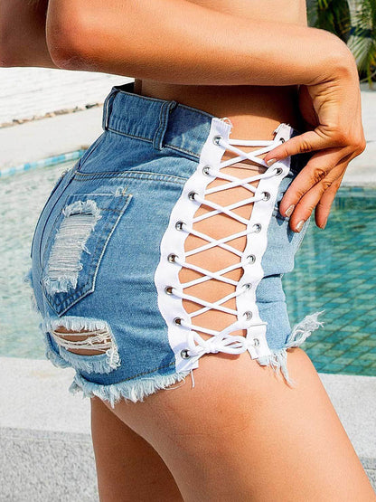 Women Denim Shorts White Cotton Straight Extra Short Casual Grommets Hot Pants