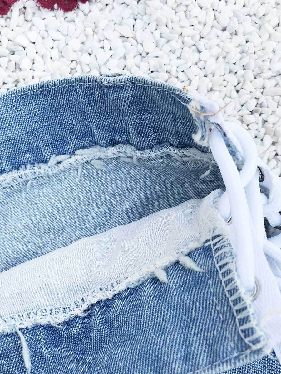 Women Denim Shorts White Cotton Straight Extra Short Casual Grommets Hot Pants