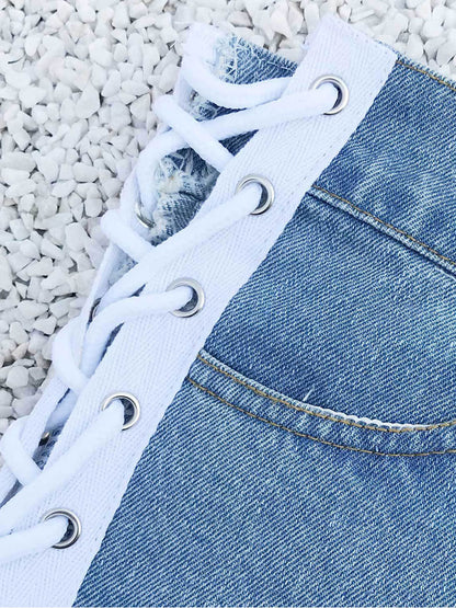 Women Denim Shorts White Cotton Straight Extra Short Casual Grommets Hot Pants