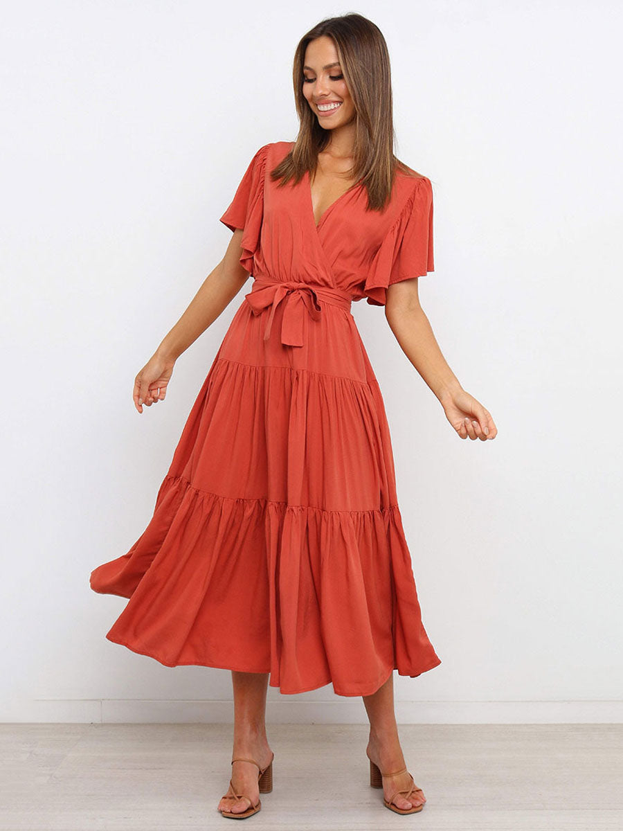 Boho Ruffle Tiered Midi Dress for Women - Lilac V Neck Flutter Sleeve A-Line Flowy Wrap Sun Dress - Summer Wedding Guest 2026
