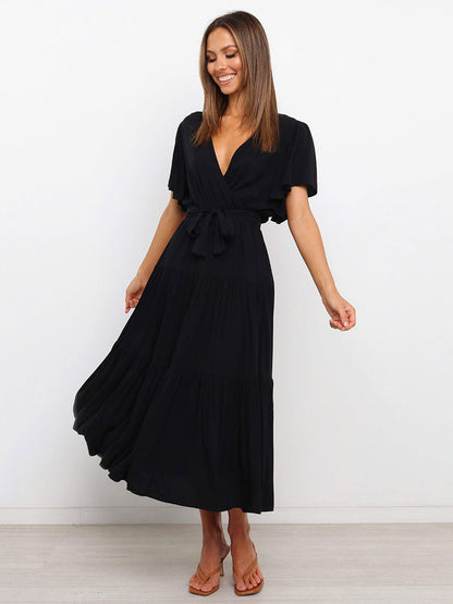 Boho Ruffle Tiered Midi Dress for Women - Lilac V Neck Flutter Sleeve A-Line Flowy Wrap Sun Dress - Summer Wedding Guest 2026