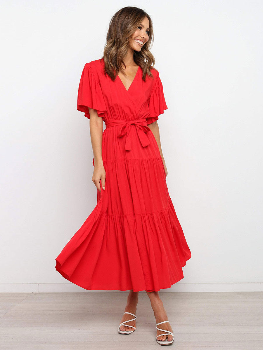 Boho Ruffle Tiered Midi Dress for Women - Lilac V Neck Flutter Sleeve A-Line Flowy Wrap Sun Dress - Summer Wedding Guest 2026