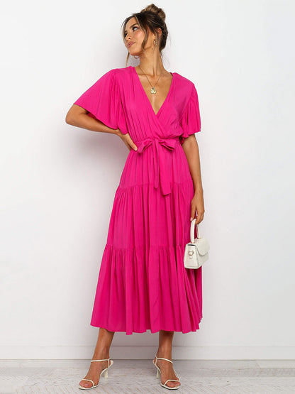 Boho Ruffle Tiered Midi Dress for Women - Lilac V Neck Flutter Sleeve A-Line Flowy Wrap Sun Dress - Summer Wedding Guest 2026