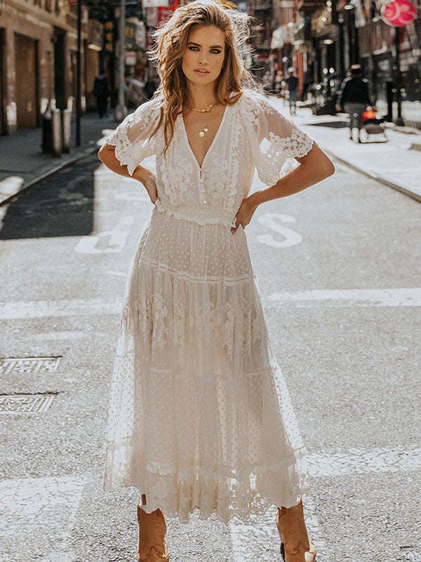 White Lace Boho Maxi Dress for Women - Dot Tiered V Neck Long Gown - Summer Beach Wedding Guest 2026