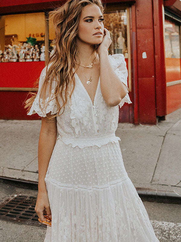 White Lace Boho Maxi Dress for Women - Dot Tiered V Neck Long Gown - Summer Beach Wedding Guest 2026