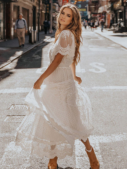White Lace Boho Maxi Dress for Women - Dot Tiered V Neck Long Gown - Summer Beach Wedding Guest 2026