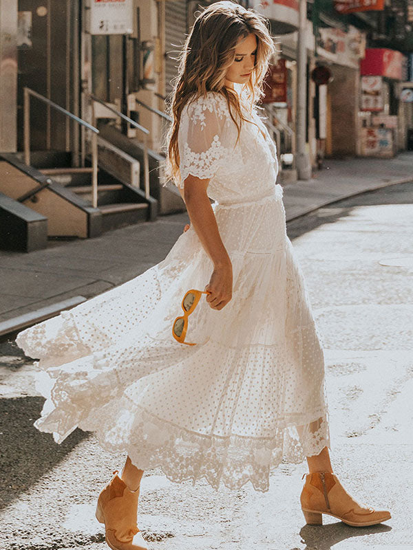 White Lace Boho Maxi Dress for Women - Dot Tiered V Neck Long Gown - Summer Beach Wedding Guest 2026