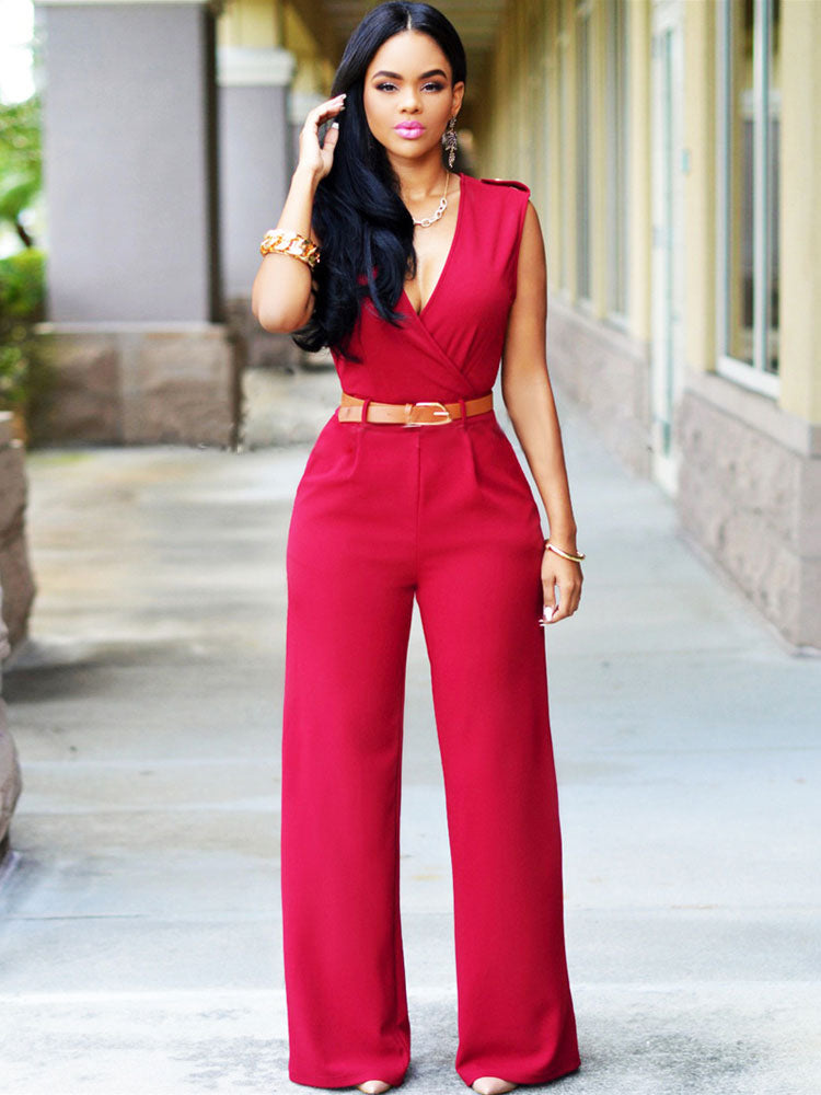 White V-Neck Sleeveless Sash Off-The-Shoulder Lycra Spandex Jumpsuits For Women