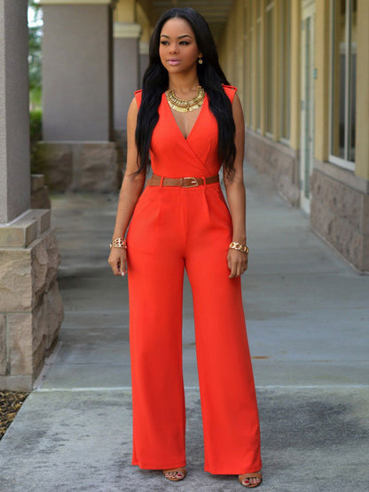White V-Neck Sleeveless Sash Off-The-Shoulder Lycra Spandex Jumpsuits For Women
