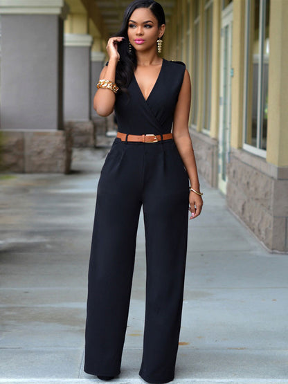 White V-Neck Sleeveless Sash Off-The-Shoulder Lycra Spandex Jumpsuits For Women