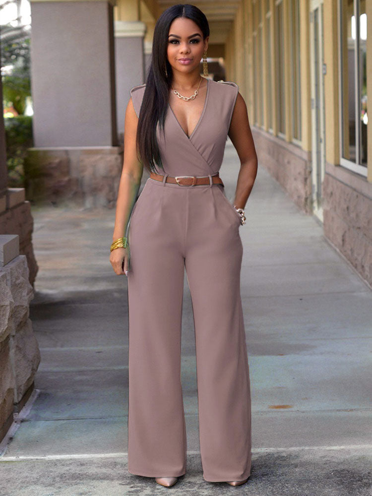 White V-Neck Sleeveless Sash Off-The-Shoulder Lycra Spandex Jumpsuits For Women